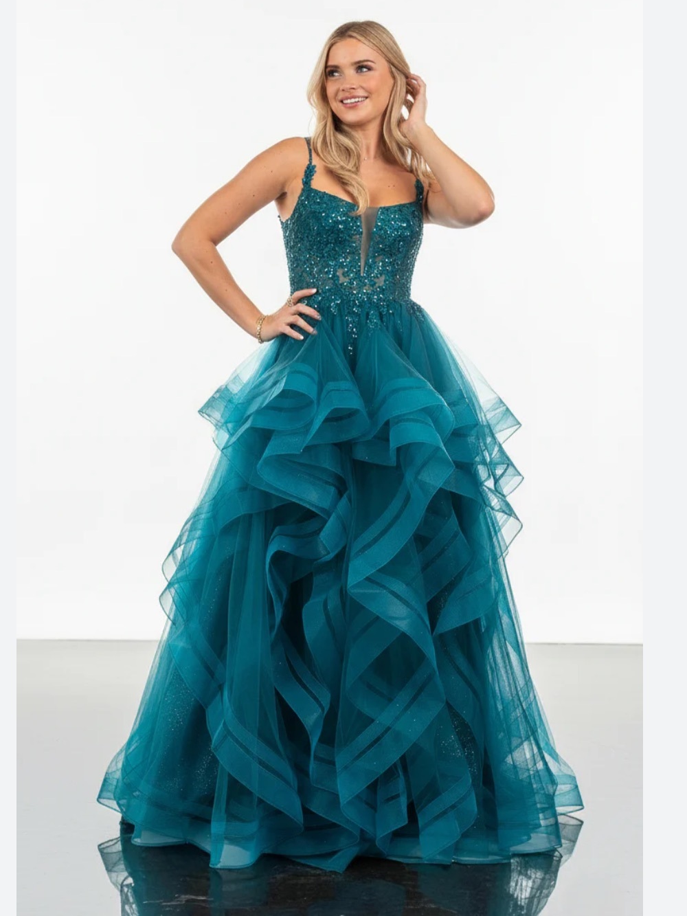 Azure Teal Layered Tulle Shimmer Gown